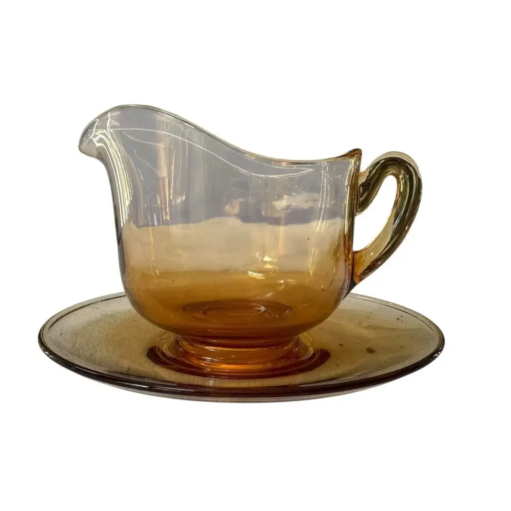 Vintage Cambridge Amber Glass Creamer & Saucer Set Elegant‎ Triangle C Mark